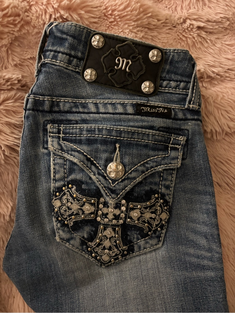Miss Me Blue Wash Boot Cut Jeans with Embellished Back Pocket